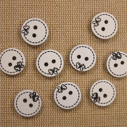 Boutons rond blanc nœud papillon noir 13mm - lot de 10