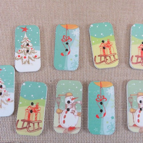 Boutons noël en bois rectangle 34x17mm - lot de 10 boutons de couture scrapbooking
