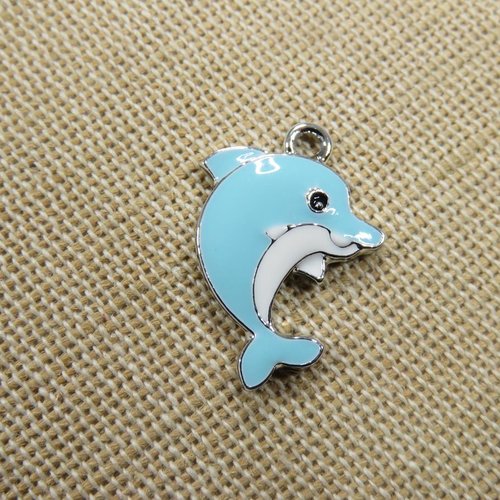 Pendentif dauphin bleu breloque métal émaillé 23mm