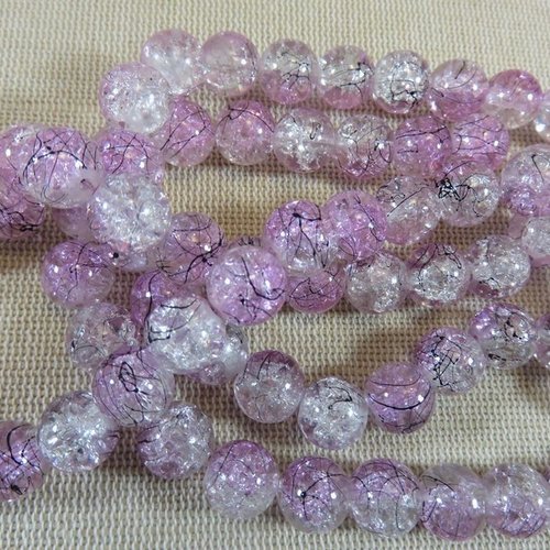Perles verre craquelé parme tréfilé noir 10mm - lot de 10