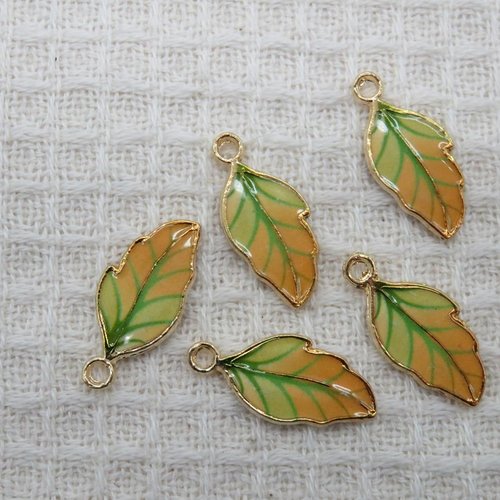 Breloques feuille verte jaune métal émaillé 22mm - lot de 5 pendentifs