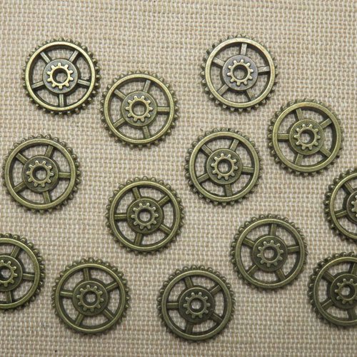 Pendentif engrenage steampunk 18mm métal bronze antique - lot de 10