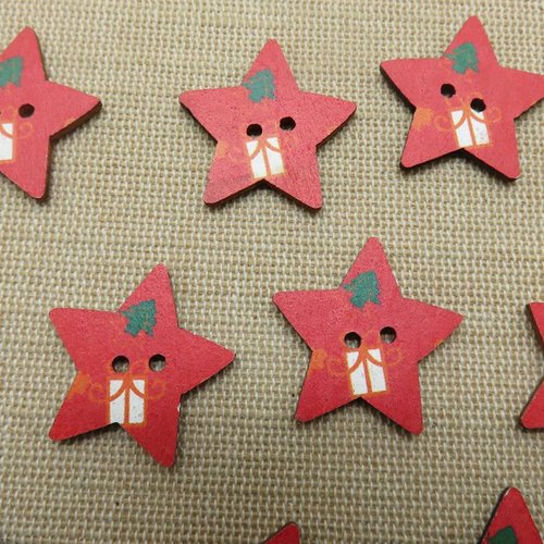 Boutons étoile noël en bois 25mm rouge cadeaux bouton couture - lot de 10