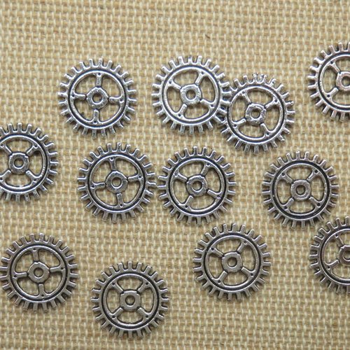 Breloque engrenage steampunk pendentif métal argenté 12mm - lot de 15