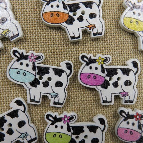 Bouton couture vache en bois multicolore scrapbooking - lot de 8