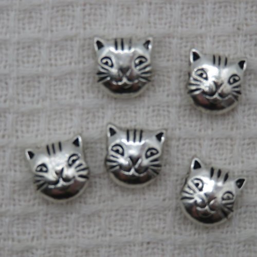 Perles chat argenté en métal, lot de 5 perles intercalaire