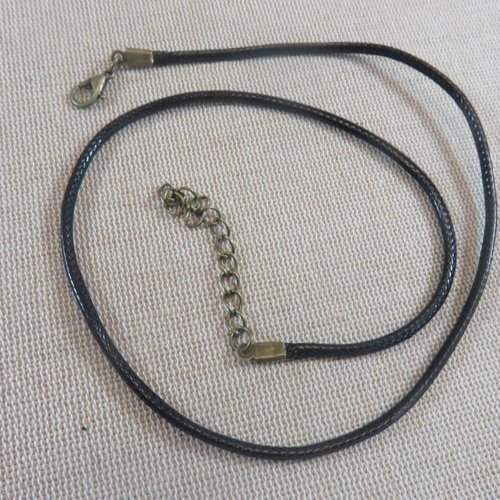 Collier cordon noir 50cm avec chaînette et mousqueton bronze