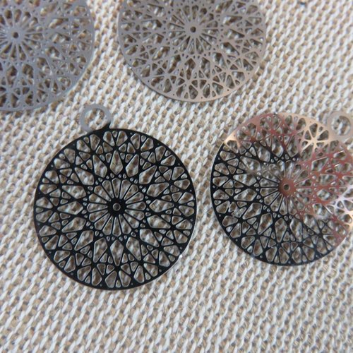 Pendentifs mandala rond filigrané fleurs métal inoxydable 22mm - lot de 4