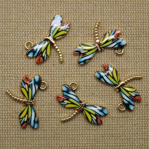 Breloques libellule pendentif métal émaillé 22mm - lot de 5