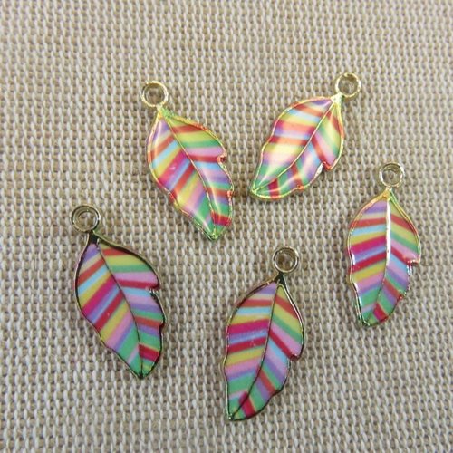 Breloques feuille arc-en-ciel métal émaillé 22mm appret pour bijoux - lot de 5