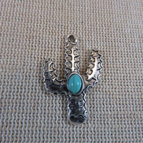 Pendentif cactus argenté cabochon turquoise 30mm