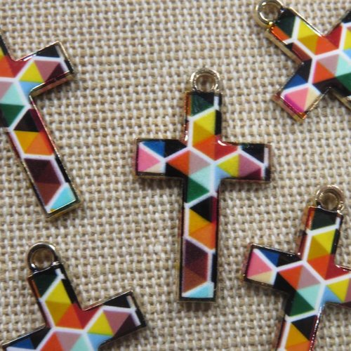 Pendentifs croix mosaïque métal émaillé 27mm - lot de 5