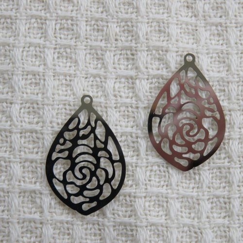 Pendentifs goutte fleur filigrané argenté 23mm inoxydable - lot de 2