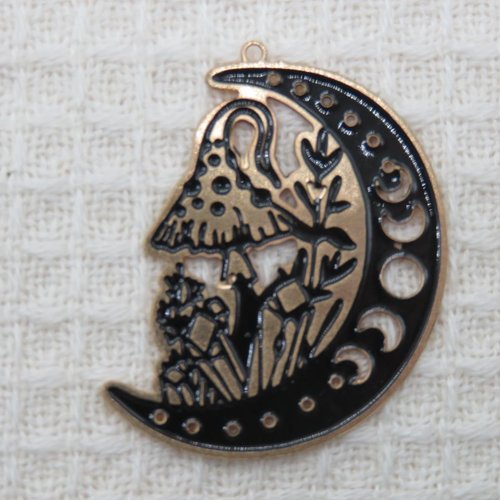 Pendentif lune champignon noir et doré métal 38mm