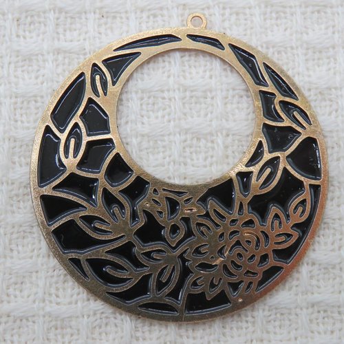 Pendentif fleuri noir et doré métal 42mm