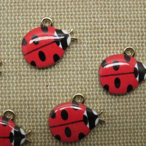 Breloques coccinelle rouge pendentif métal émaillé 15mm - lot de 5