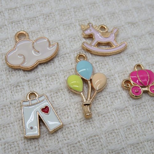 Pendentif girly bijoux fille métal émaillé - lot de 5