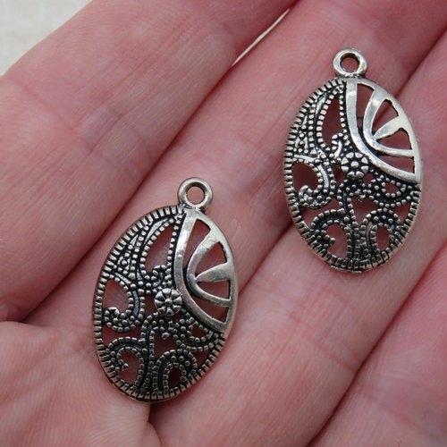 Pendentifs ovale ajouré estampe argenté 26mm - lot de 2