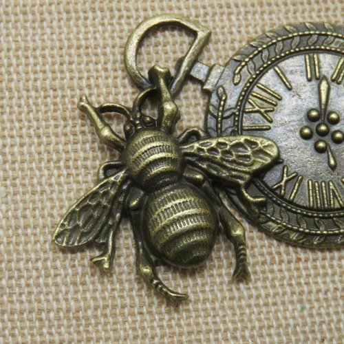 Pendentif abeille steampunk montre métal couleur bronze 42mm