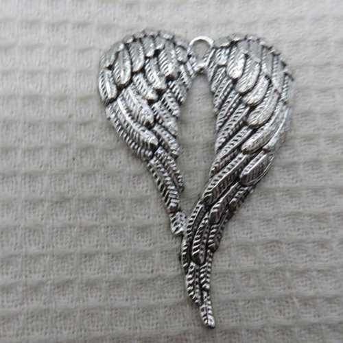 Grand pendentif aile d'ange argenté 68mm en métal