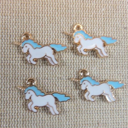 Pendentifs licorne breloque bleu blanc émaillé - lot de 4