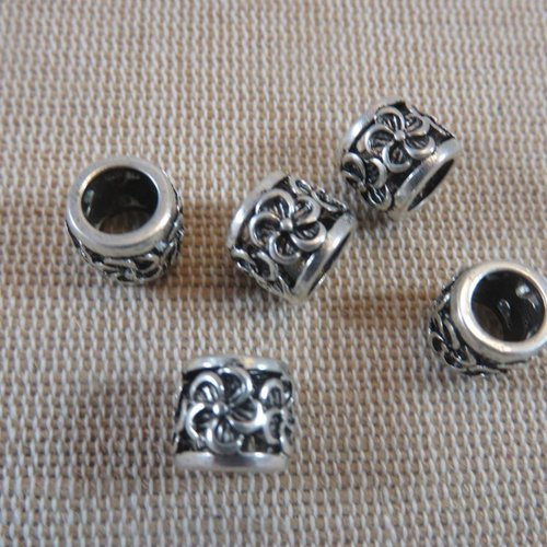 Perles colonne gravé fleur ajouré métal coloris argenté 10x8mm - lot de 5