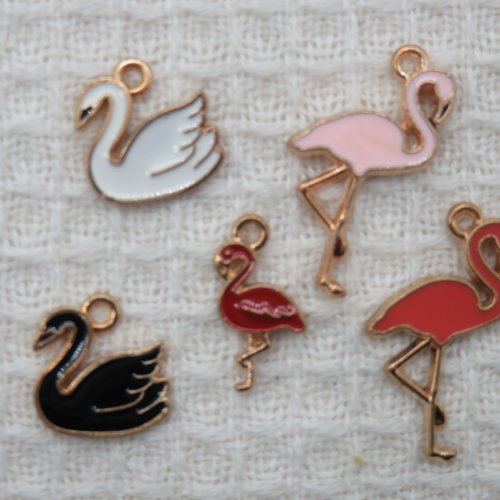 Pendentif oiseau cygne flamant rose métal émaillé - lot de 5 apprêt pour bijoux