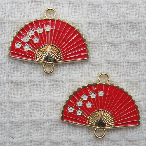 Pendentif éventail rouge connecteur métal émaillé 20mm - lot de 2