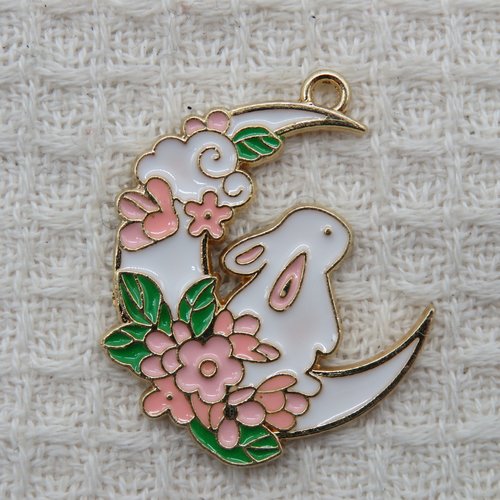 Pendentif lune lapin fleur kawaii métal émaillé