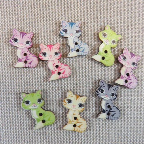 Boutons chat en bois multicolore bouton de couture - lot de 8
