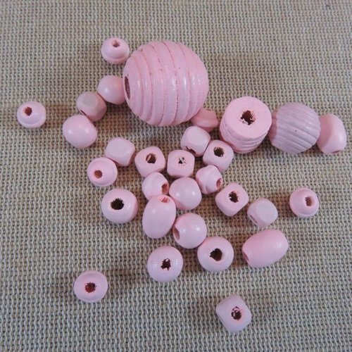 Perles en bois rose diverses forme - lot de 30