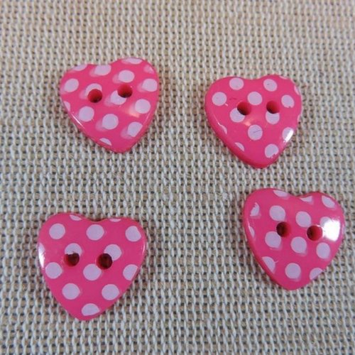 Bouton de couture cœur rose à pois blanc 15mm - lot de 5