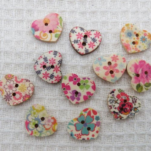 Bouton de couture cœur en bois multicolore - lot de 10