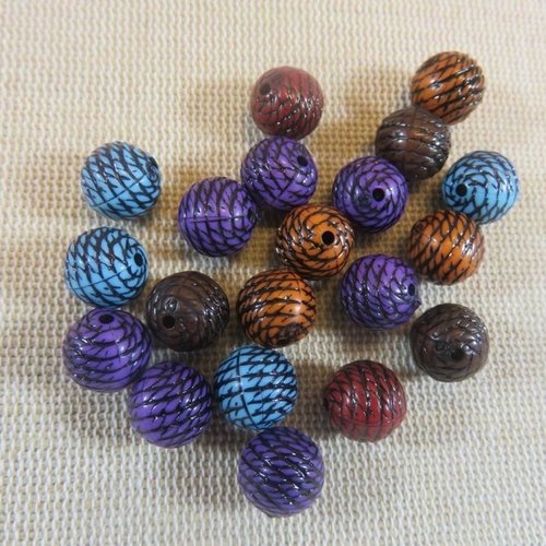 Perle acrylique effet cordage 10mm - lot mixte de 10 perles