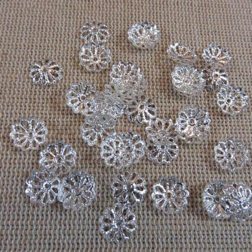 Coupelle calotte 8mm fleur filigrané argenté - lot de 30 apprêt pour bijoux