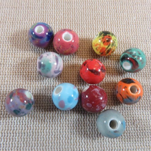 Perles céramique tacheté ronde 10mm multicolore - lot de 10