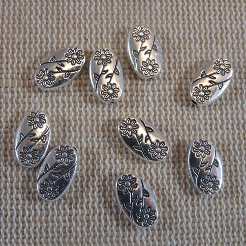 Perles ovale gravé fleurs 11mm métal couleur argenté - lot de 10