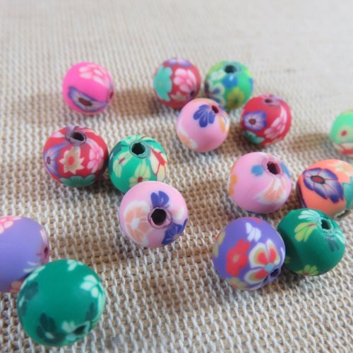 Perles fleuri pâte polymère 8mm multicolore - lot de 20