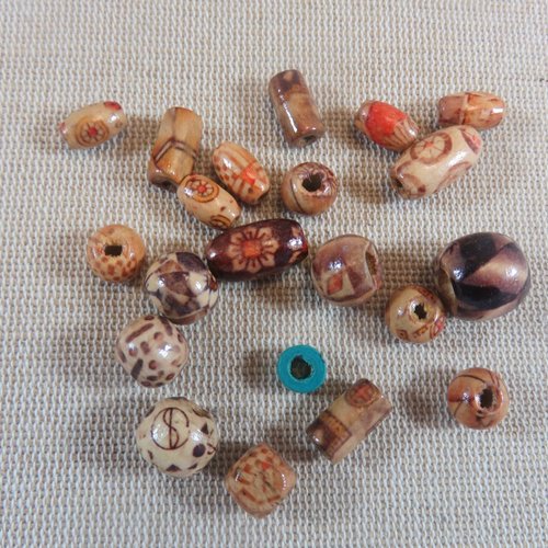 Perles en bois imprimé diverse forme et couleur - lot de 25 