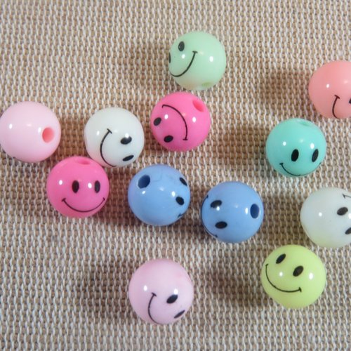 Perles smiley acrylique multicolore 10mm ronde - lot de 20