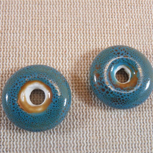 Perles céramique donuts bleu 22mm soucoupe - lot de 2