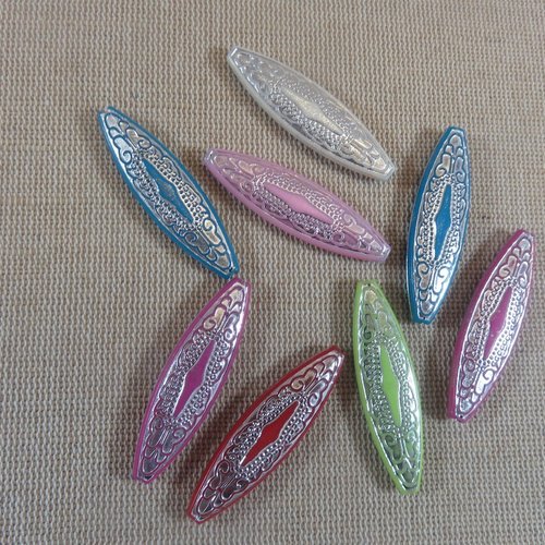 Perles marquise acrylique navette gravé arabesque multicolore - lot de 5