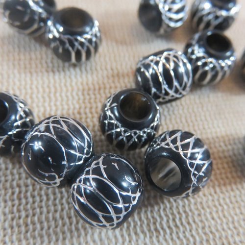 Perles ronde noir rayé argenté 11mm en acrylique - lot de 15