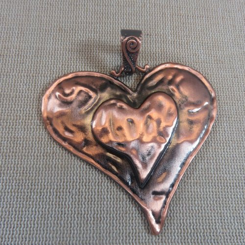 Grand pendentif cœur en métal couleur cuivre avec bélière 74mm