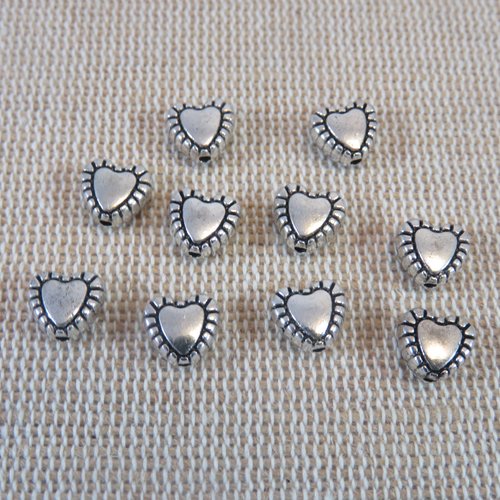 Perles cœur strié métal coloris argenté 7mm - lot de 10