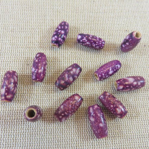 Perles en bois ovale violette tacheté 15x7mm - lot de 6