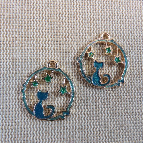 Pendentifs chat étoiles métal émaillé bleu paillette 21mm apprêt pour bijoux - lot de 2