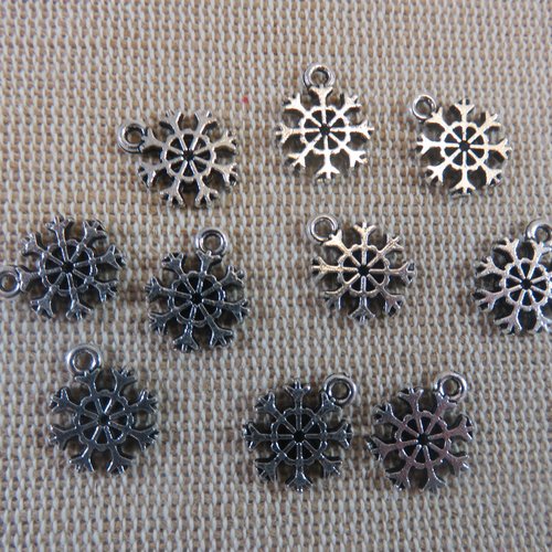 Pendentifs breloques flocon de neige métal coloris argenté 13mm - lot de 10 appret pour bijoux