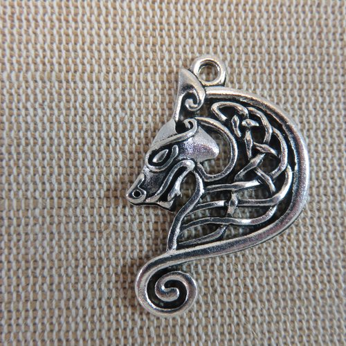 Pendentif loup nœud celtique métal argenté vieilli 35mm - apprêt fabrication bijoux diy