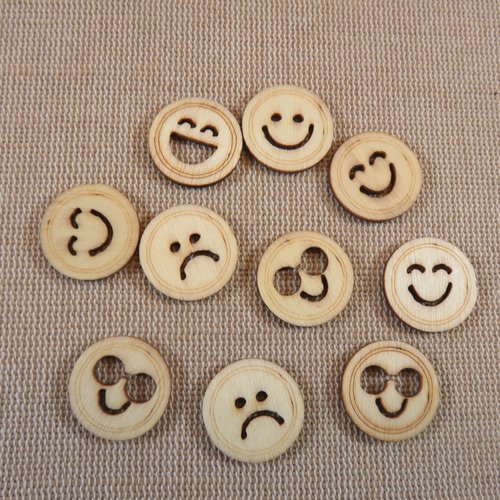 Cabochons en bois emoji smile 18mm scrapbooking - lot de 10